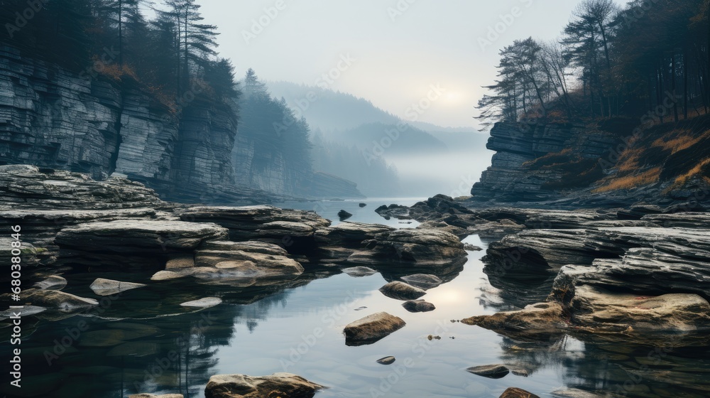 Rocks and lake in rainy day.