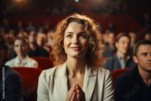 Woman is clapping in theater.