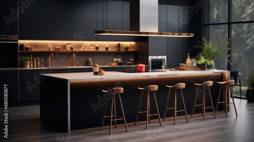 A modern black kitchen with an island and counter stools.