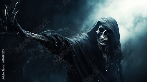 Grim reaper or Death reaching for his victim over dark background with copy space. Halloween Party background