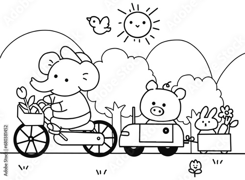 Cute Animals go to travel on spring time, Doodle cartoon coloring page.