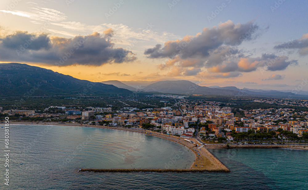 Aerial view of L'Hospitalet de l'Infant, a coastal suburb of Tarragona, inside the municipality of Vandellòs i l'Hospitalet de l'Infant, Catalonia, Spain