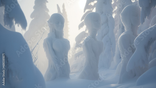 Morning in a snowy forest and snow sculptures of magical winter fairies