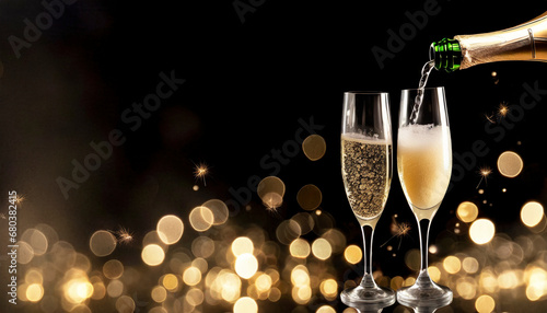 Champagne pouring into glasses against glowing dark background