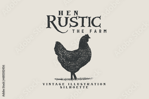 Hen silhouette for agricultural industry hand drawn stamp effect vector illustration. Vintage grunge for product packaging and labels