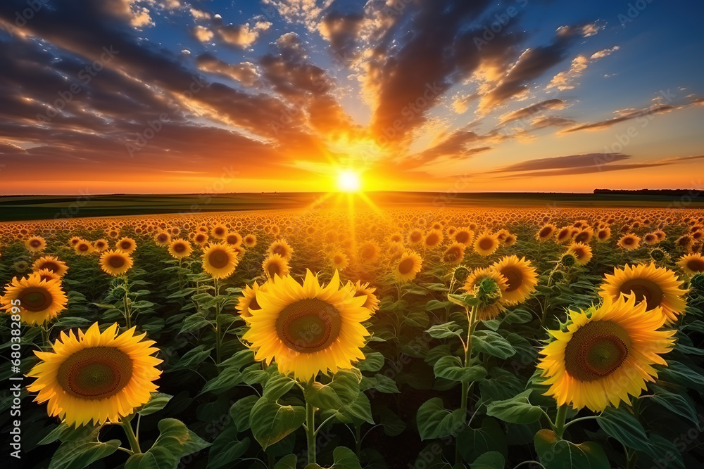 Fototapeta premium Golden Sunset Over Sunflower Field