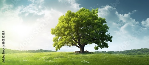 In the lush green of the summer, the background was adorned with the beauty of nature, as the majestic tree stood tall and natural in the outdoor landscape.