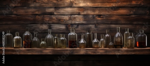 The vintage wood and metal background, isolated in nature, perfectly complements the retro design of the interior, where the scent of smoke and old medicine lingers, reminiscent of an old pharmacy