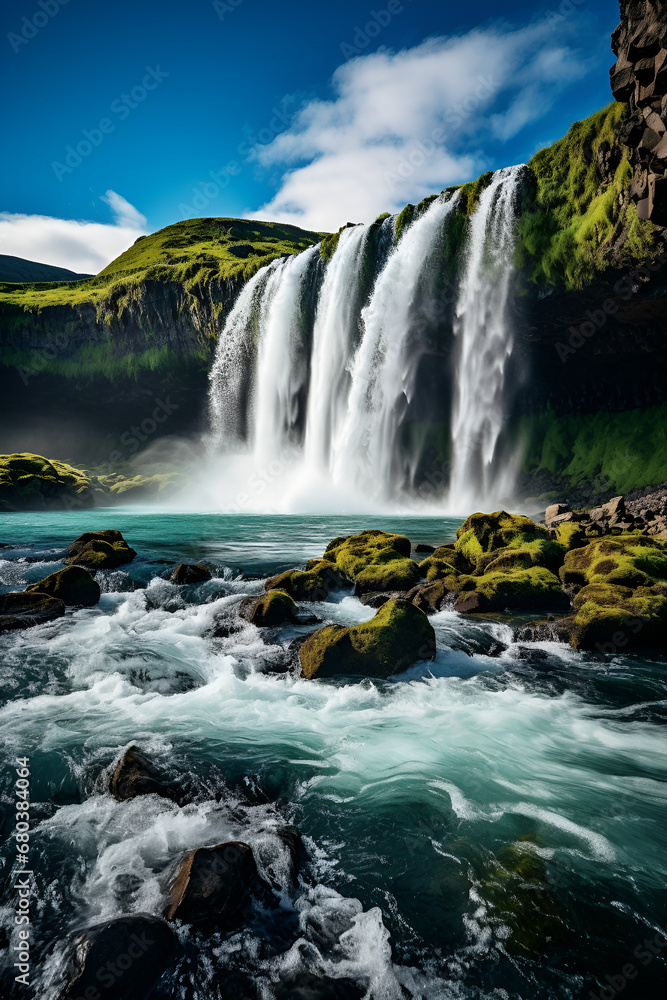 Fototapeta premium Breathtaking Waterfall Cascading from a Rocky Cliff Surrounded by Green Hills