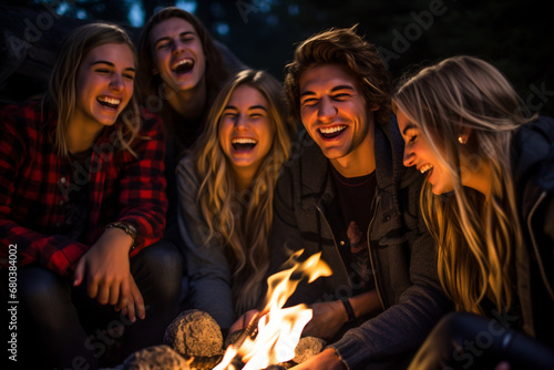 A closeup portrait of a group of jovial millennials, their faces lit by the warm glow of a crackling campfire