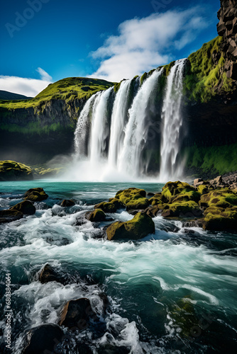 waterfall in the mountains, Breathtaking summer sunrise on Sheep's Waterfall. Stunning morning scene of Iceland, Europe. Beauty of nature concept background.
