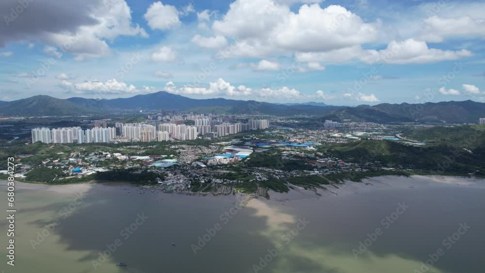 Countryside in Lau Fau Shan, Yuen Long, Tin Shui Wai, Tuen Mun, New Territories Top view of Hong Kong land city Northern Metropolis Development Countryside in Lau Fau Shan, Yuen Long, Tin Shui Wai, Tuen Mun, New Territories Top view of Hong Kong land city Northern Metropolis Development