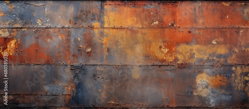 In the background, an old construction wall meshed with an abstract pattern of grunge and rusted metal plates, displaying a texture of orange and red stains on the worn and weathered steel and iron.