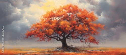 In the vibrant autumn landscape, a majestic tree stands tall, its rustling leaves adorned in shades of orange, red, and yellow. The background of nature creates a beautiful backdrop, with the textures
