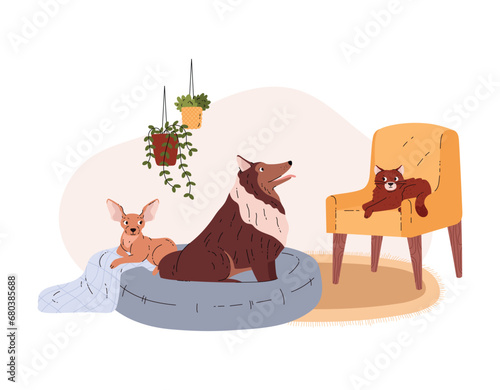 Cat and dogs, pets at home, vector cartoon illustration isolated on white.