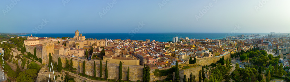 Aerial view of the Primatial Cathedral of Tarragona, a Roman Catholic church in Tarragona, Catalonia, Spain