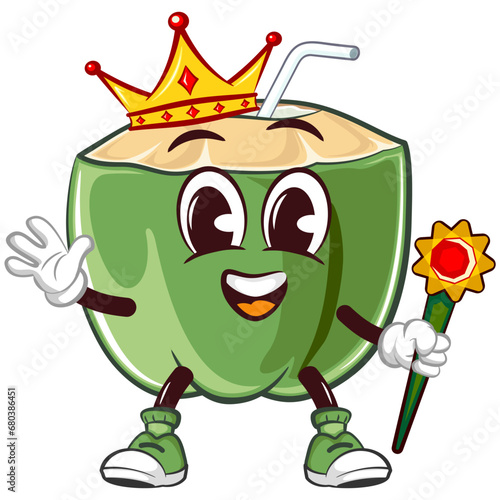 coconut drink character mascot with a straw with a funny face wearing a king's crown and carrying a scepter, isolated cartoon vector illustration. emoticon, cute coconut mascot