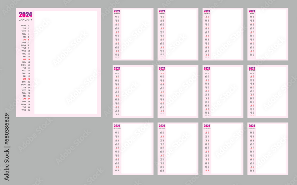 Calendar Note Daily Planner 2024 vector design template. Desk calendar, writable calendar.
