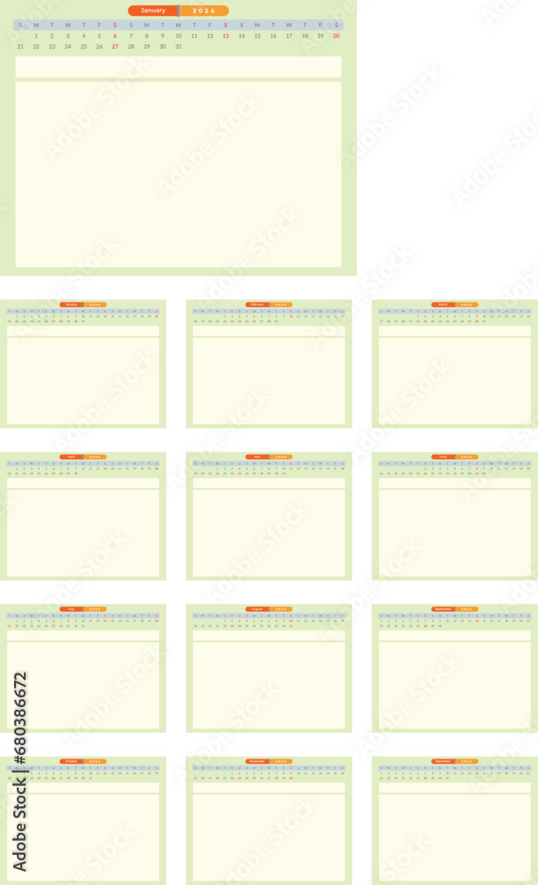 Fototapeta premium Calendar Note Daily Planner 2024 vector design template. Desk calendar, writable calendar. 