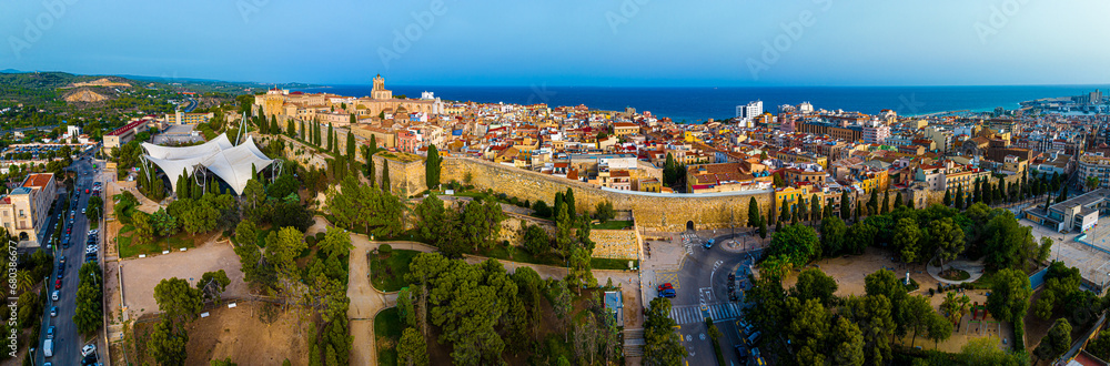 Aerial view of the Primatial Cathedral of Tarragona, a Roman Catholic church in Tarragona, Catalonia, Spain