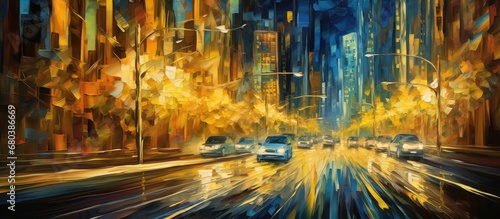 bustling streets, an abstract artwork caught their eyes a background painted with vibrant gold and blue colors, a pattern of flowing black lines forming waves illuminated by bursts of green and light photo