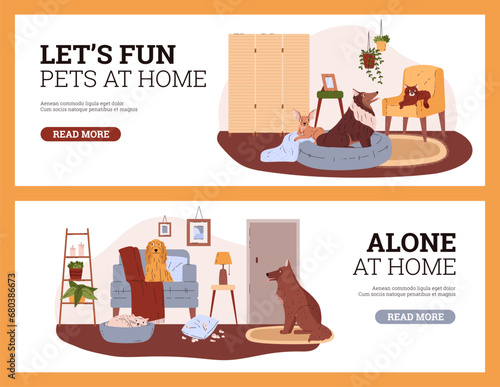 Horizontal banners with cute pets at home, template in cartoon vector