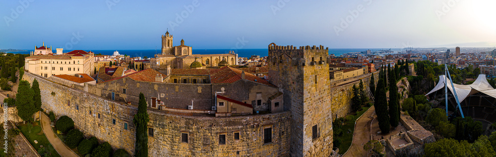 Aerial view of the Primatial Cathedral of Tarragona, a Roman Catholic church in Tarragona, Catalonia, Spain