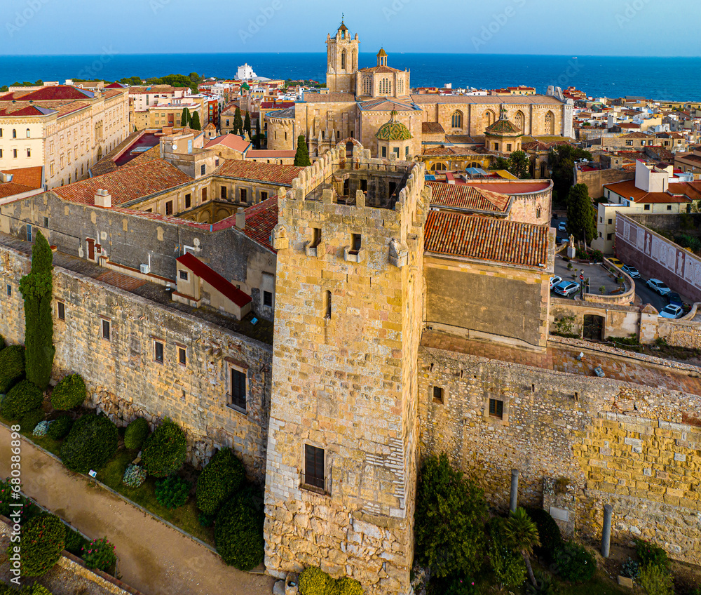 Aerial view of the Primatial Cathedral of Tarragona, a Roman Catholic church in Tarragona, Catalonia, Spain