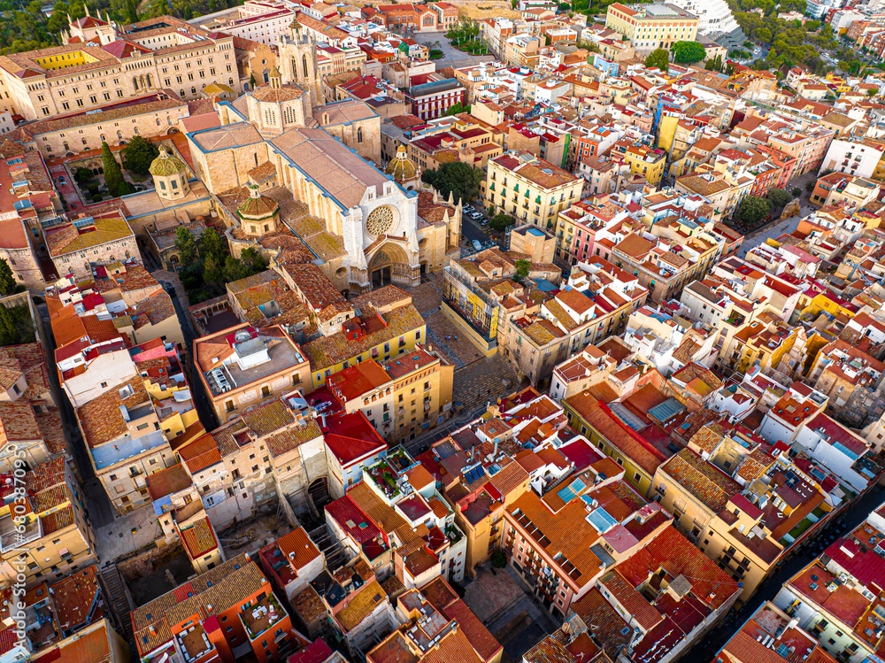 Aerial view of the Primatial Cathedral of Tarragona, a Roman Catholic church in Tarragona, Catalonia, Spain