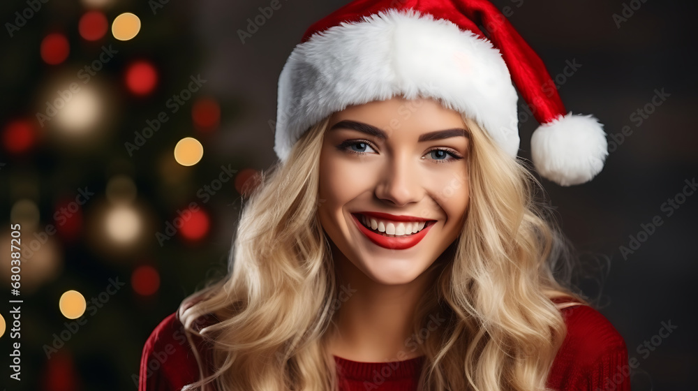 beautiful smiling woman in santa hat on blurred christmas background beautiful smiling woman in santa hat on blurred christmas background