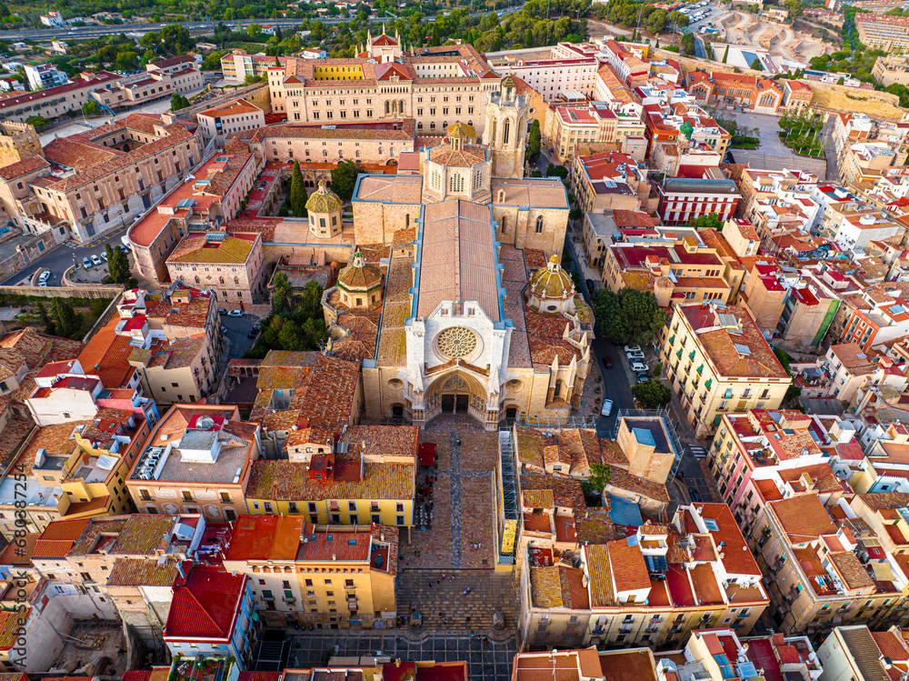Aerial view of the Primatial Cathedral of Tarragona, a Roman Catholic church in Tarragona, Catalonia, Spain