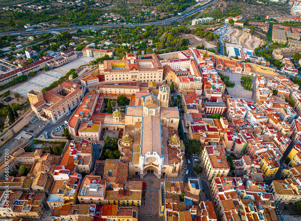 Aerial view of the Primatial Cathedral of Tarragona, a Roman Catholic church in Tarragona, Catalonia, Spain