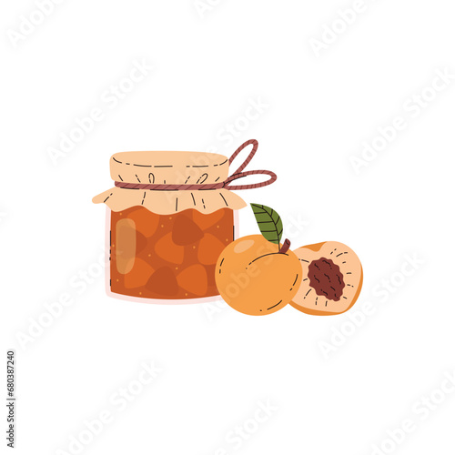 Glass jar with apricot jam, vector cartoon container with fruit juicy marmalade, natural conservation food dessert