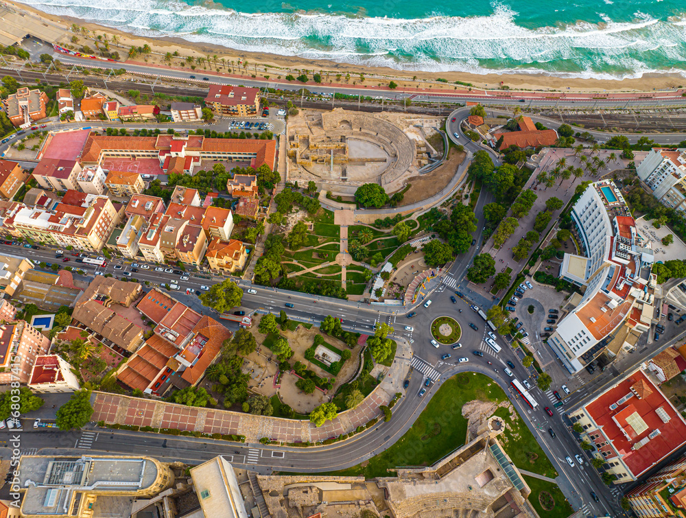 Aerial view of the Primatial Cathedral of Tarragona, a Roman Catholic church in Tarragona, Catalonia, Spain