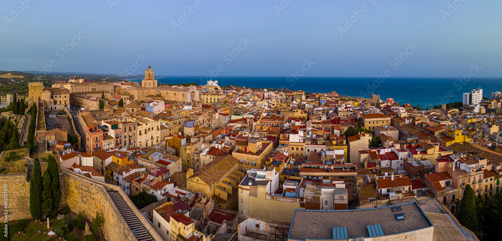 Aerial view of the Primatial Cathedral of Tarragona, a Roman Catholic church in Tarragona, Catalonia, Spain