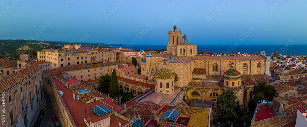 Aerial view of the Primatial Cathedral of Tarragona, a Roman Catholic church in Tarragona, Catalonia, Spain
