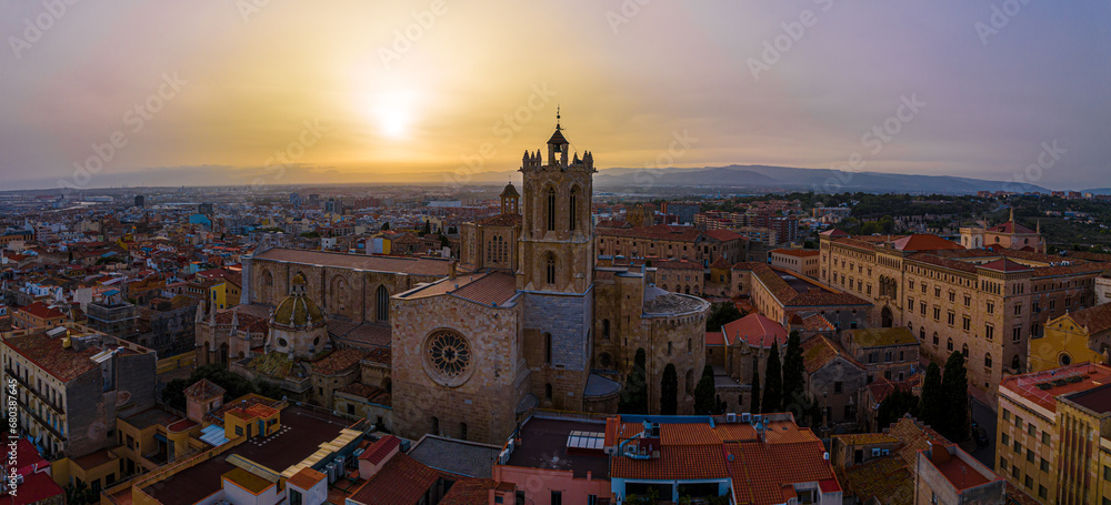 Aerial view of the Primatial Cathedral of Tarragona, a Roman Catholic church in Tarragona, Catalonia, Spain