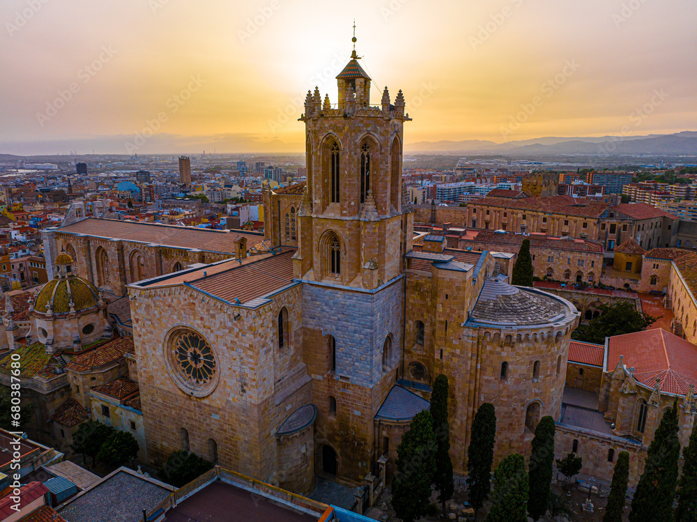Aerial view of the Primatial Cathedral of Tarragona, a Roman Catholic church in Tarragona, Catalonia, Spain
