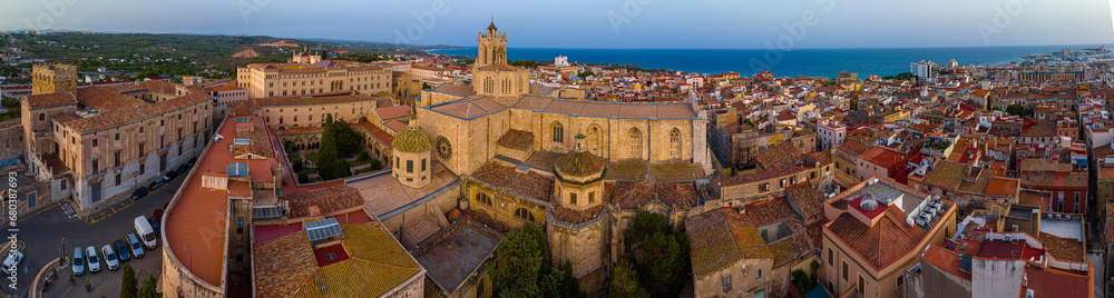 Aerial view of the Primatial Cathedral of Tarragona, a Roman Catholic church in Tarragona, Catalonia, Spain