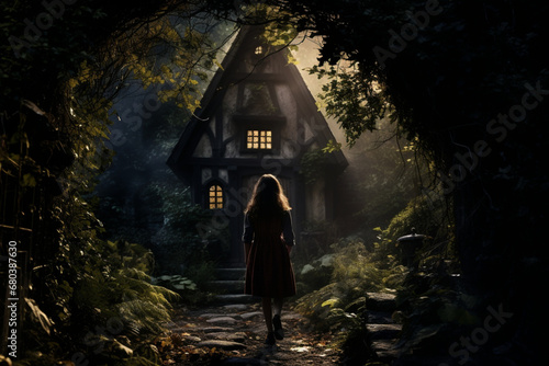 a girl standing in front of the mysterious house, haunted house concept photo