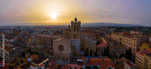 Obraz na płótnie Aerial view of the Primatial Cathedral of Tarragona, a Roman Catholic church in Tarragona, Catalonia, Spain w salonie