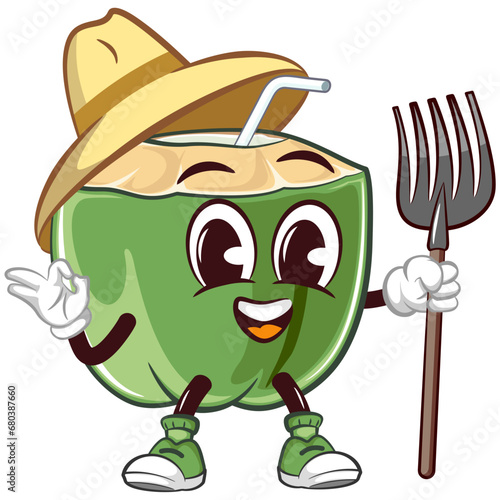 coconut drink character mascot with a straw with a funny face wearing a farmer's hat and carrying a fork shovel, isolated cartoon vector illustration. emoticon, cute coconut mascot