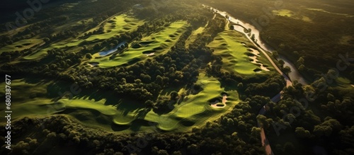 From an aerial perspective, the mesmerizing green landscape of the golf course blends harmoniously with the surrounding nature, creating a breathtaking view of the expansive field where golfers © AkuAku