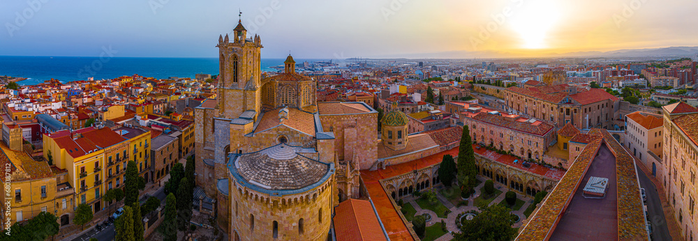 Aerial view of the Primatial Cathedral of Tarragona, a Roman Catholic church in Tarragona, Catalonia, Spain