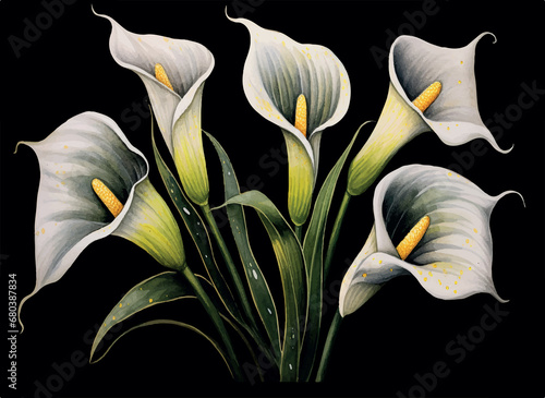 pressed calla lilies, watercolors, cottage style, black background illustration