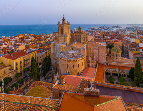Aerial view of the Primatial Cathedral of Tarragona, a Roman Catholic church in Tarragona, Catalonia, Spain