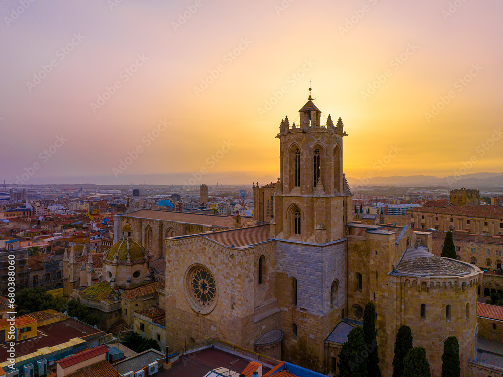Aerial view of the Primatial Cathedral of Tarragona, a Roman Catholic church in Tarragona, Catalonia, Spain