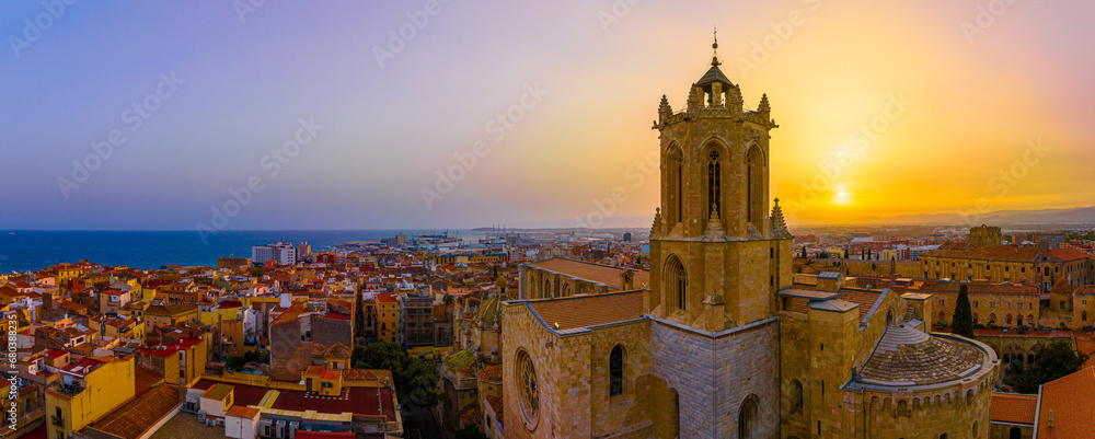 Aerial view of the Primatial Cathedral of Tarragona, a Roman Catholic church in Tarragona, Catalonia, Spain