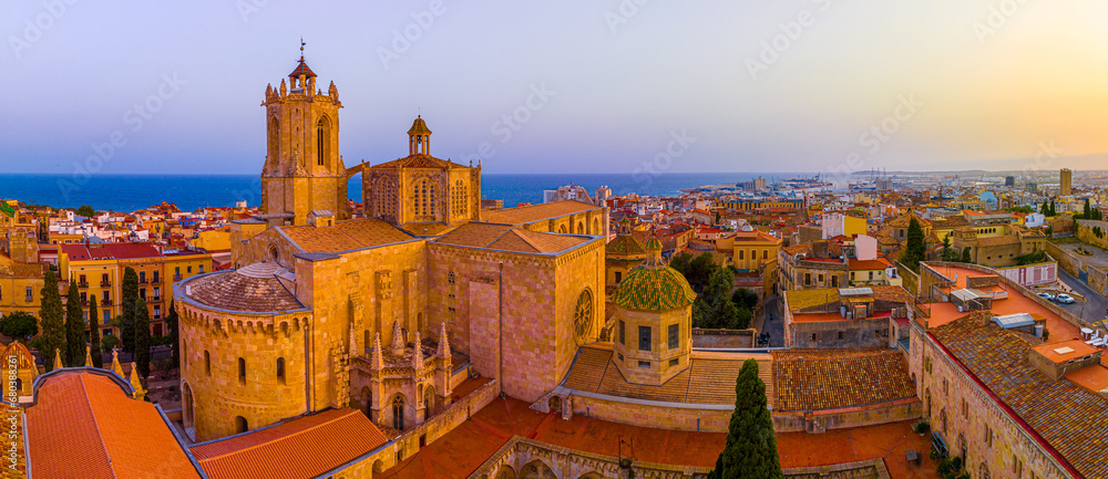 Aerial view of the Primatial Cathedral of Tarragona, a Roman Catholic church in Tarragona, Catalonia, Spain