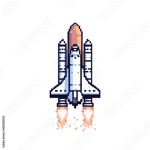 a space shuttle illustration in pixel art style, pixelated, 8 bit, vector, graphic element